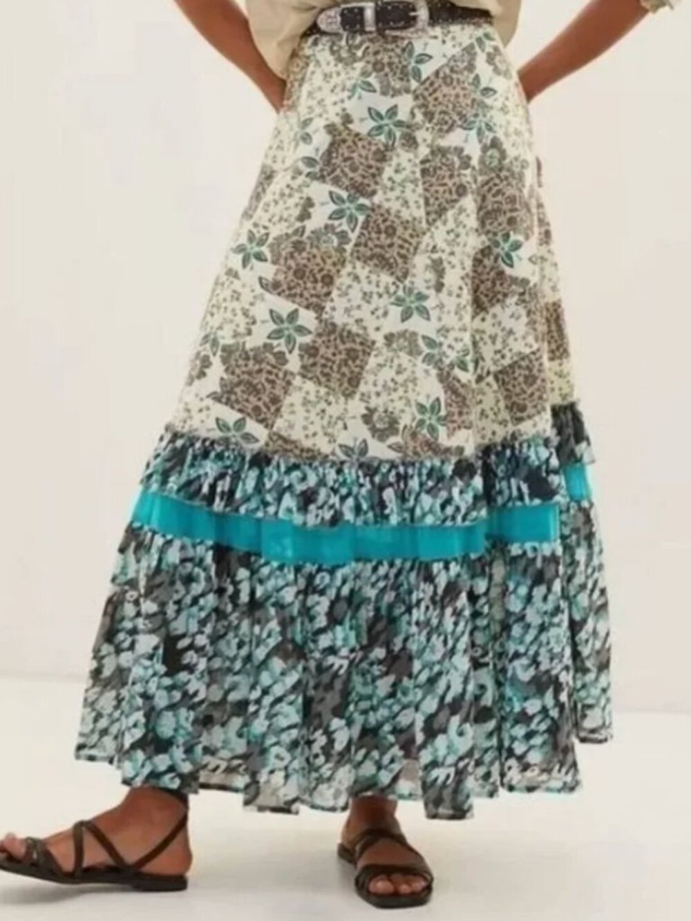 Anthropologie Raga Floral Patchwork Cotton Boho Earth Tones Maxi Skirt M $185